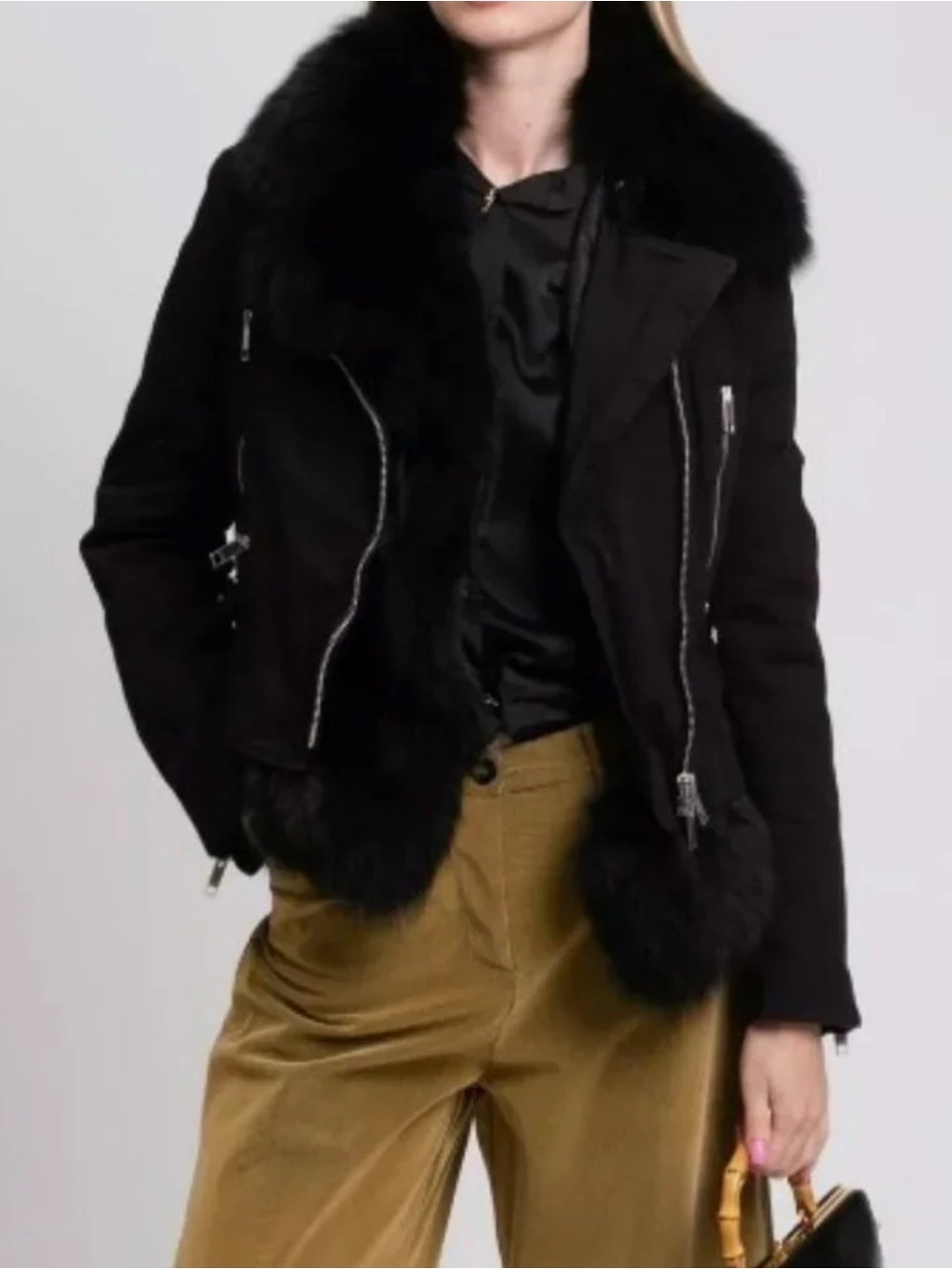 Ermanno Scervino Genuine Arctic Fox Trimmed Motorcycle Style Insulated Jacket